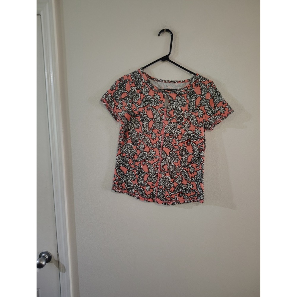 T by Talbots Womens MP Pink Black Paisley Floral Keyhole Short Sleeve Top